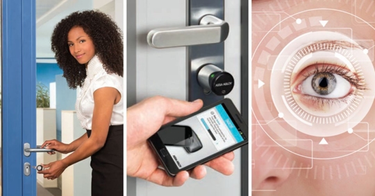 A woman opening a door, a hand holding a phone, close-up of an eye