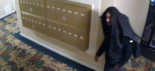 A person wearing dark clothing is walking down a hallway with mailboxes.