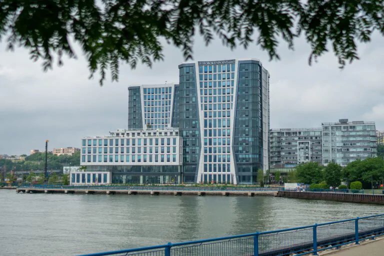 Hoboken Point waterfront development exterior viewed from across the Hudson River